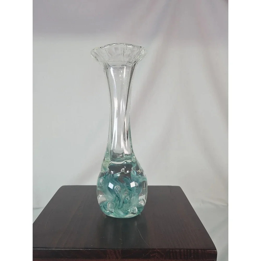Joe Rice 8 Inch Teal Hand Blown Floral Vase